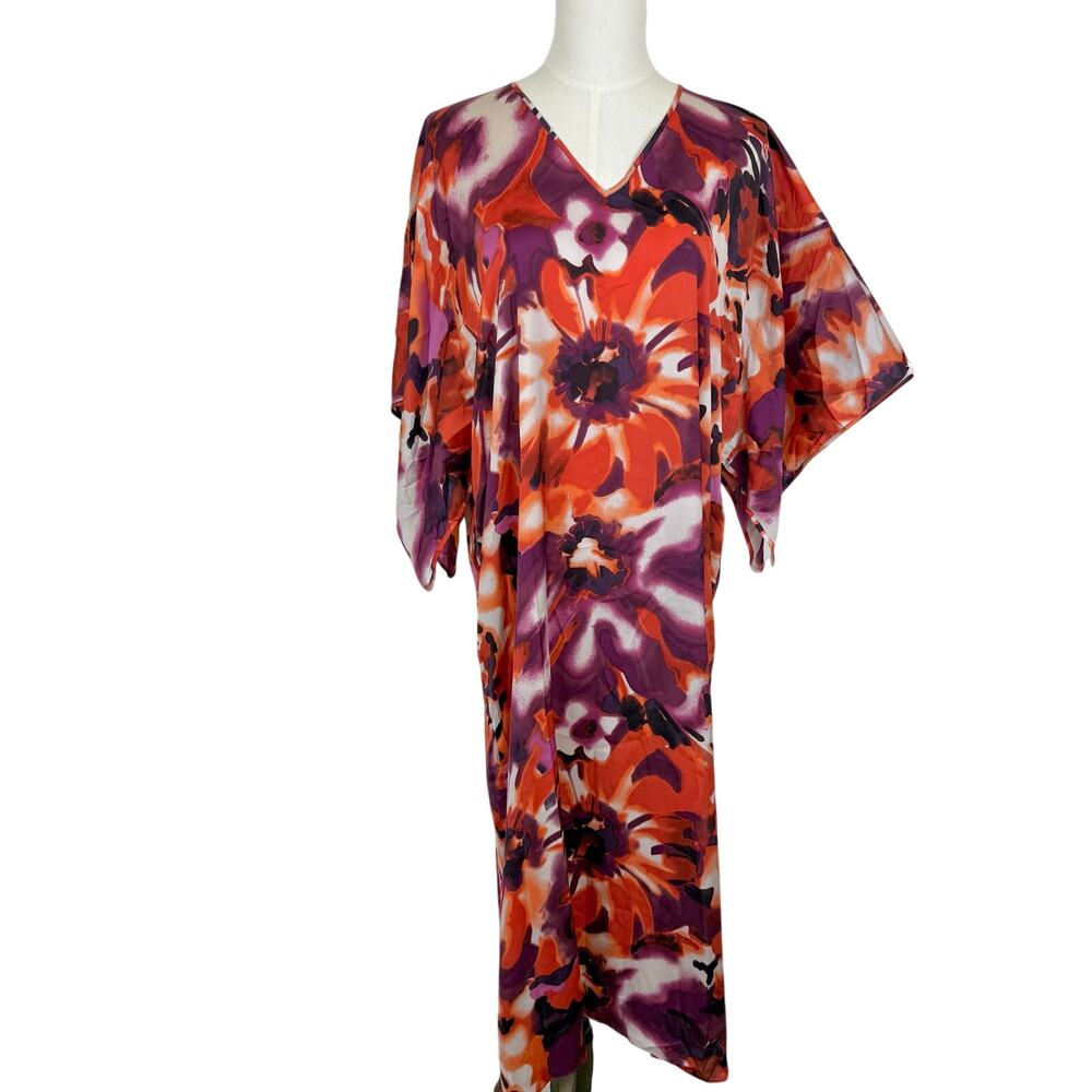 Natori Floral Satin Maxi Caftan House Dress Purple /Orange L NWT